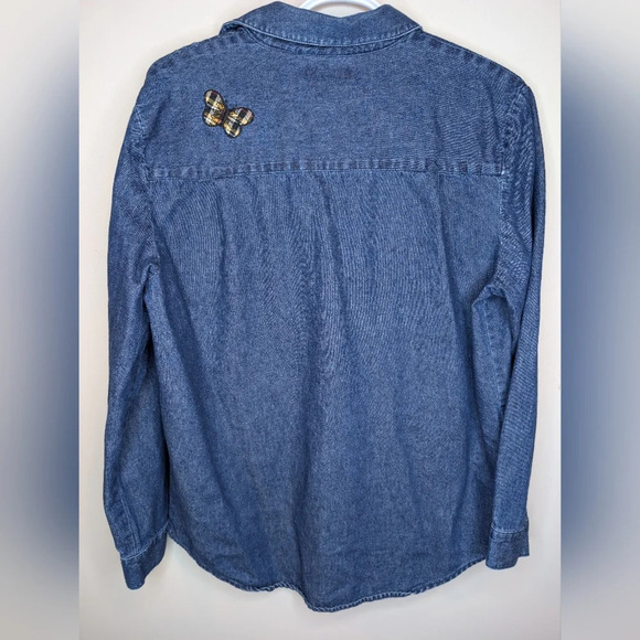 Karen Scott Fall Leaf Plaid Butterfly Embroidered Denim Button Down M Autumn - Picture 2 of 10